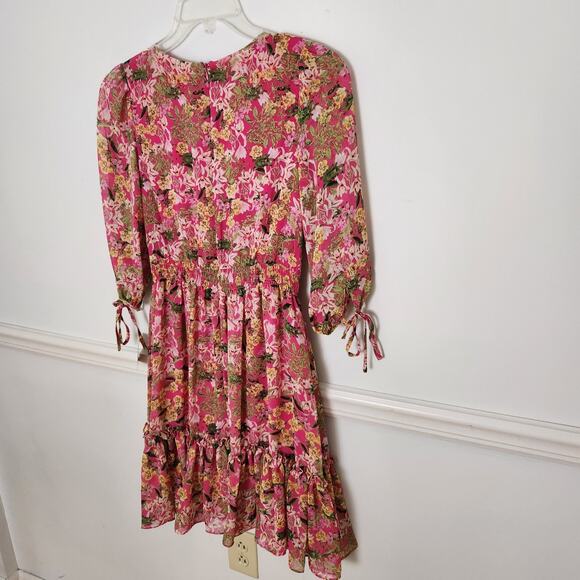 New Just Taylor Dress Size Small Womens Peasant Floral Chiffon Deep Vneck Pink - Picture 7 of 12